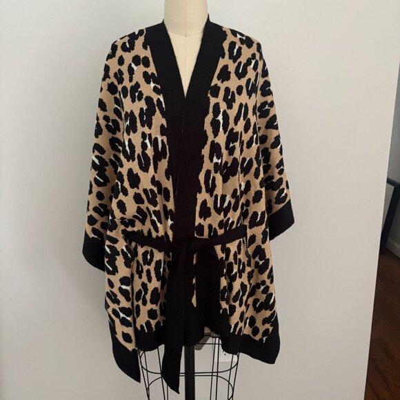 Kate Spade Leopard Print Ruana Poncho Shrug Cardigan Wrap One Size Wool Blend - Picture 1 of 6